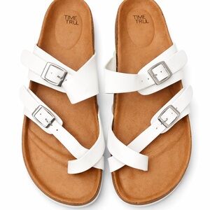 Time and Tru White Double Strap Buckle Slide Sandals